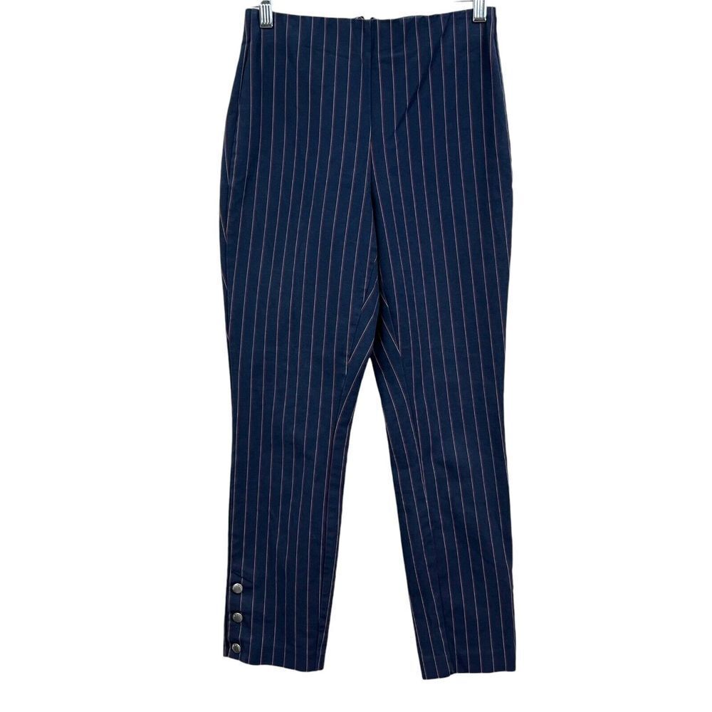 Rag & Bone Women Simone Pants Navy Pinstripe Flat Front Snap Hem Stretch Size 4*